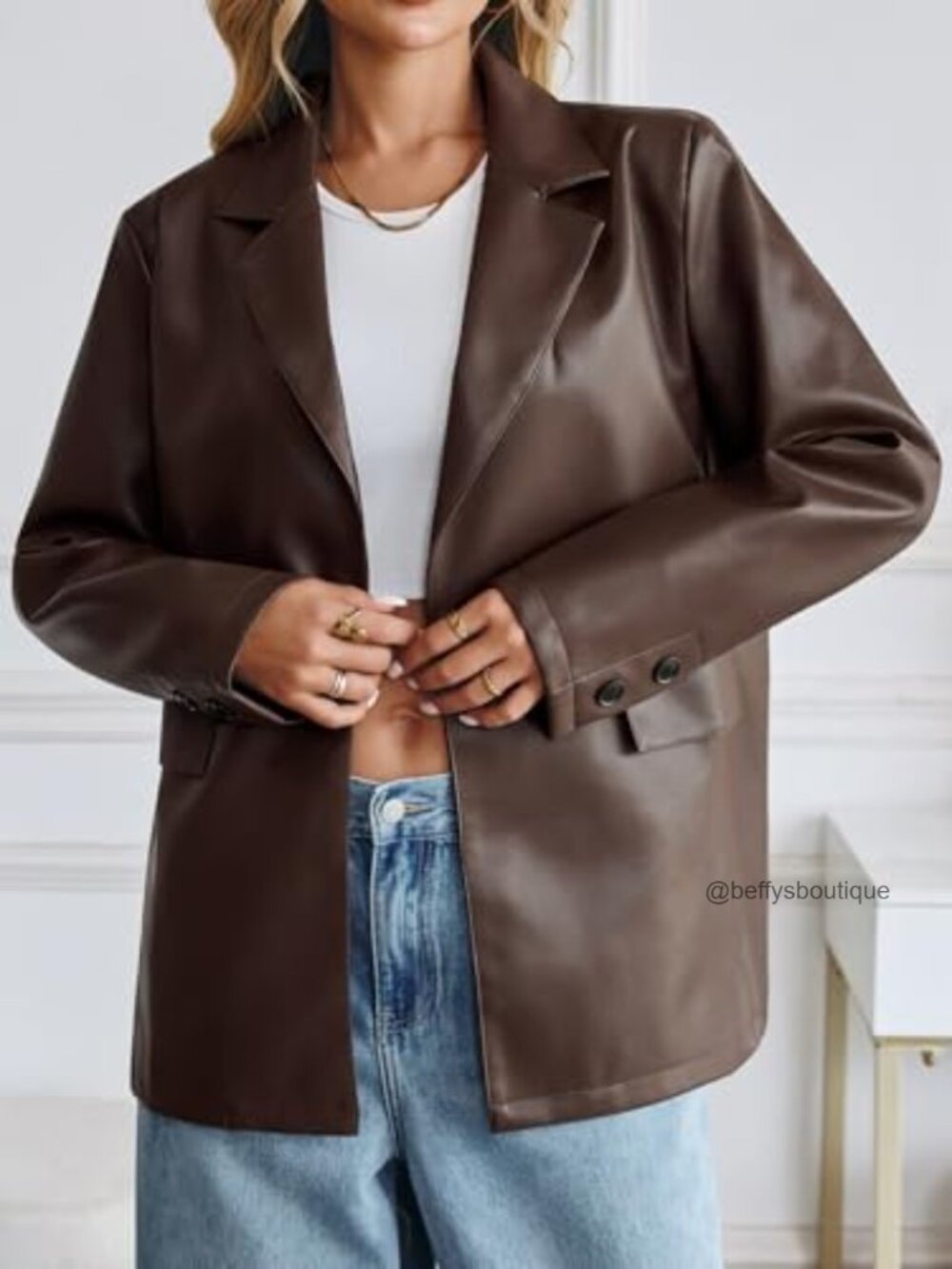 Oversized Faux Leather Bomber Blazer Jacket Button Down Lapel Coat - Picture 2 of 7